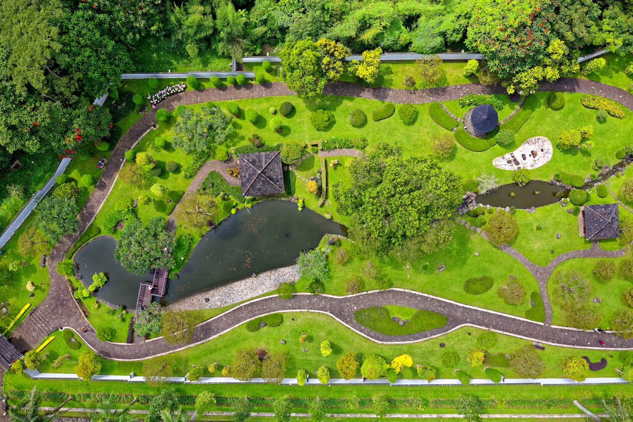 Mastering the First Impression: Your intriguing post title goes here Stunning aerial shot capturing a lush garden with pathways, ponds, and vibrant greens.